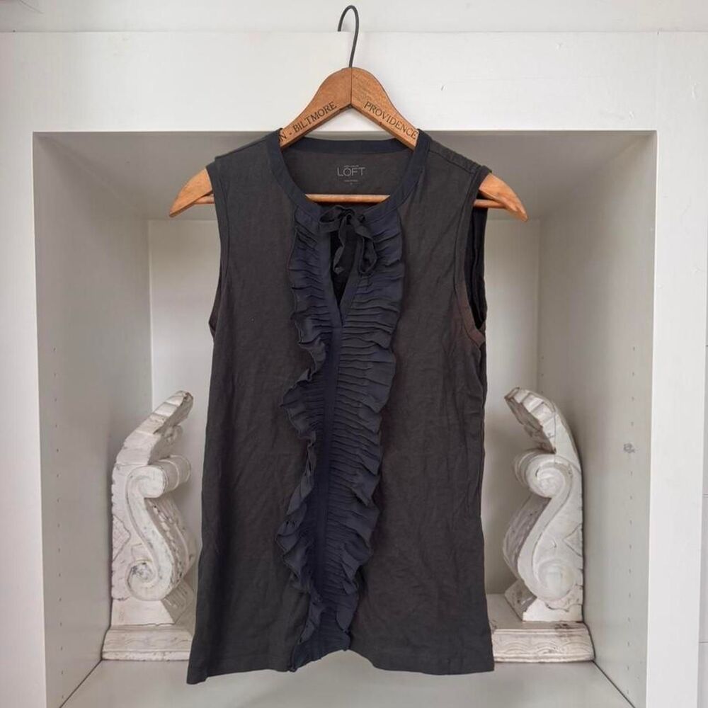Loft grey ruffle top with tie neck y2k